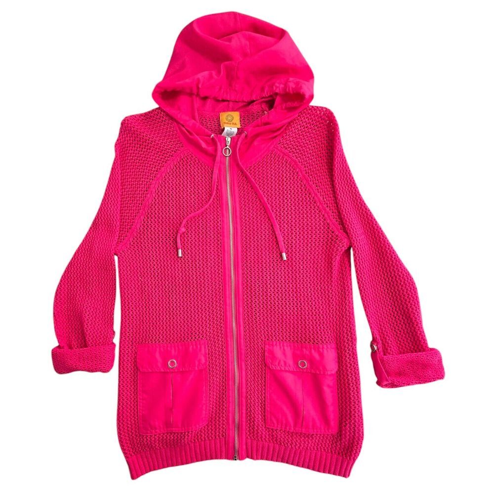 Crochet Sweater Hoodie RUBY RD Pink Open Weave SIZE MEDIUM